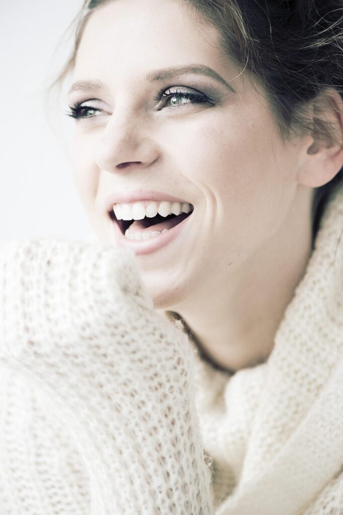 woman, portrait, face, knitted, knitwear, fashion, style, makeup, cosmetics, smile, smiling, happy, young woman, young, female, model, laugh, laughing, smile, smile, smile, smile, smile